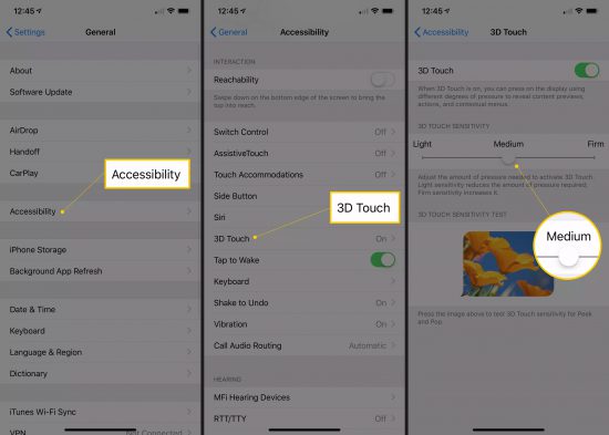 عام ، وإمكانية الوصول ، و 3 D Touch ، و 3 D Touch في إعدادات iOS