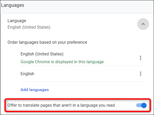 إبطال "اعرض ترجمة الصفحات المكتوبة بغير لغتك ،" تحت عنوان اللغة