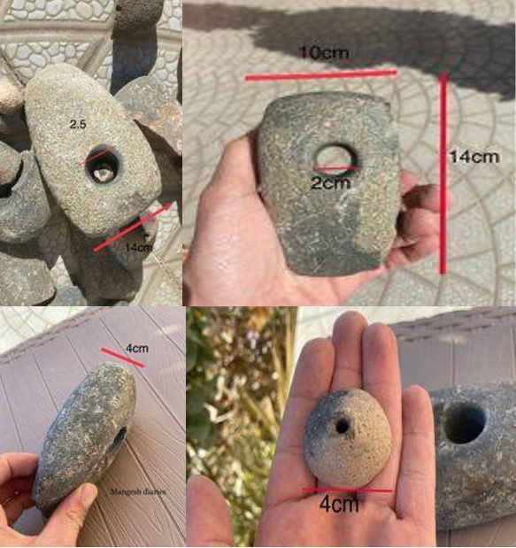 Loom weights from Mangeshi: found in different shapes. Note the different diameters and sizes.